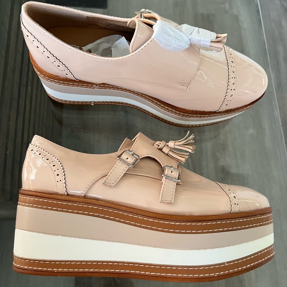 Cream and White Platform Loafers with Bow Detail